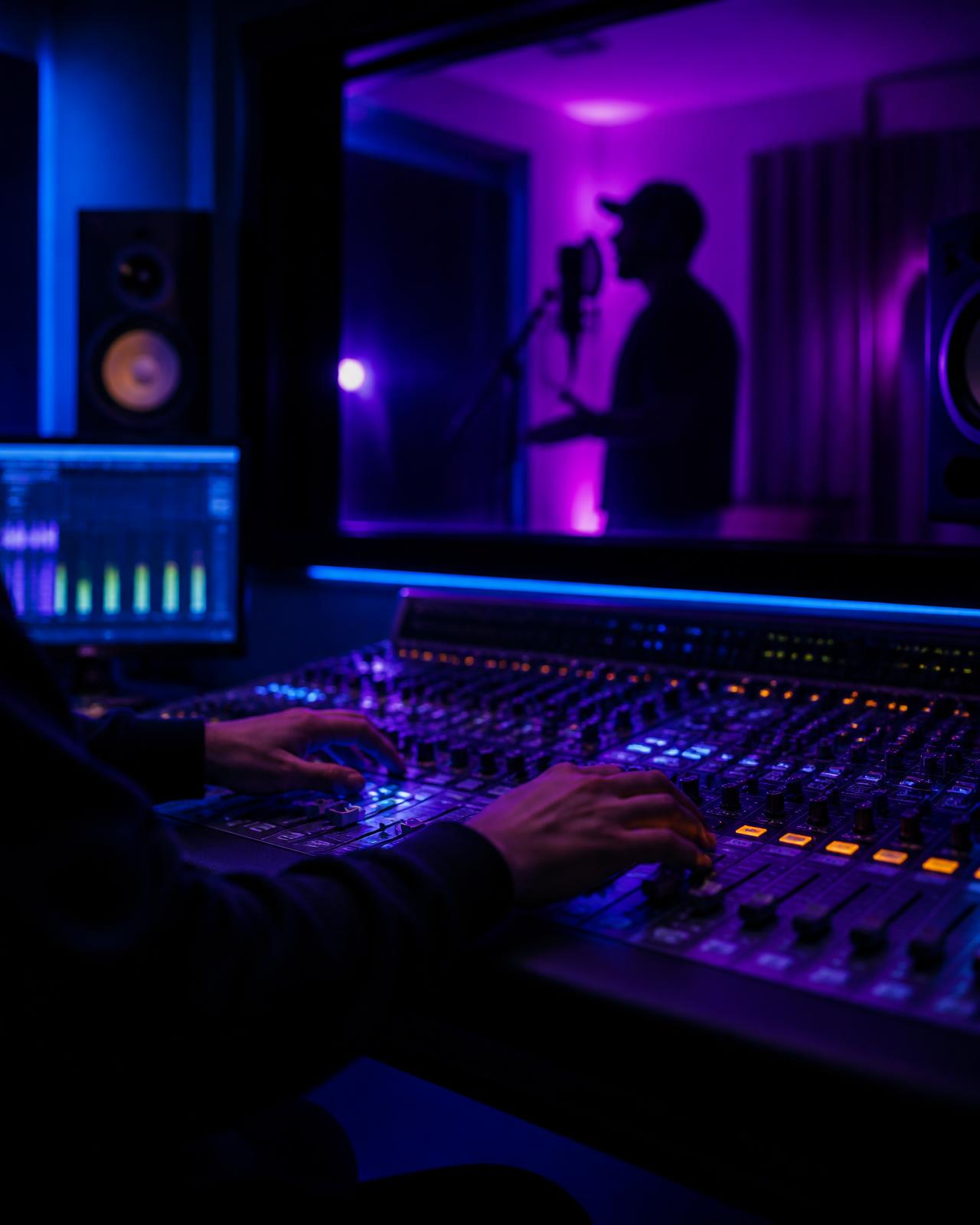 Engineer mixing a session while an artist records in a neon-lit studio booth