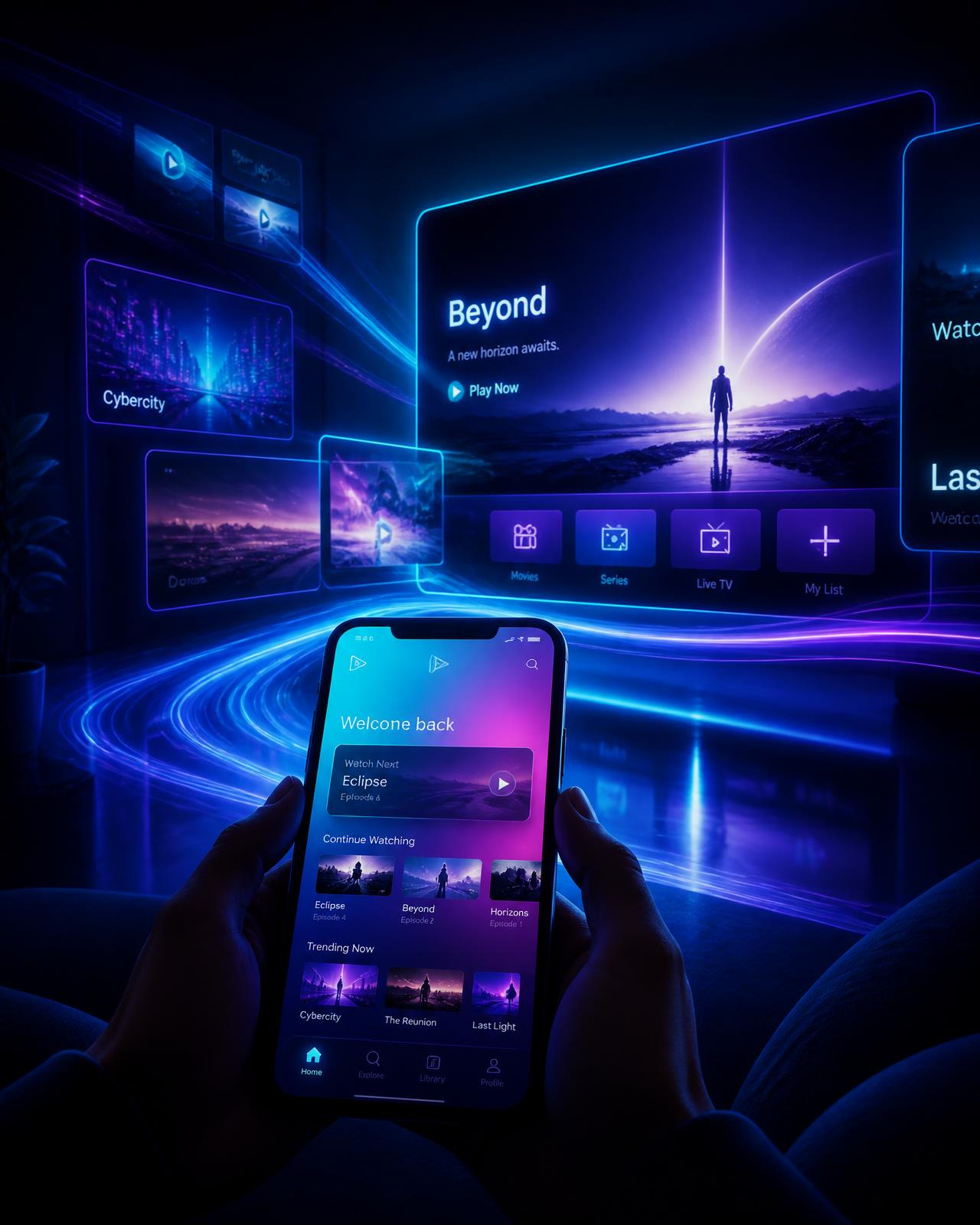 Glowing streaming interface on a phone surrounded by light trails